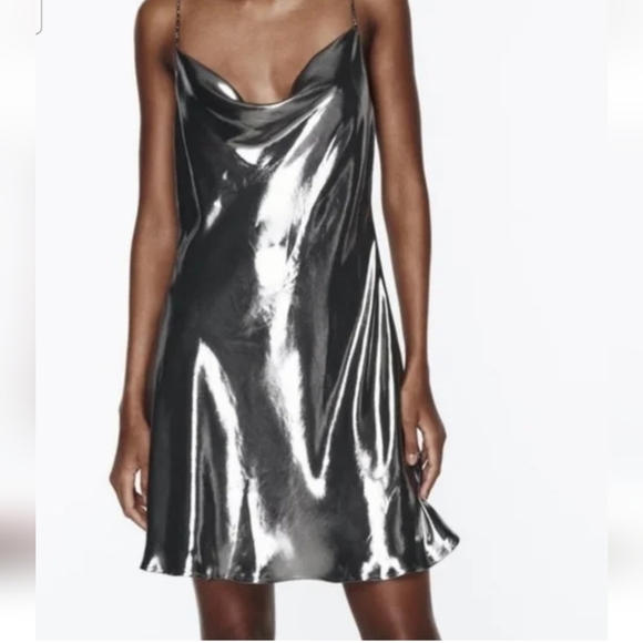 ZARA Metallic Liquid Silver Cowl Neck Slip Mini Dress –Size XS - Picture 5 of 13